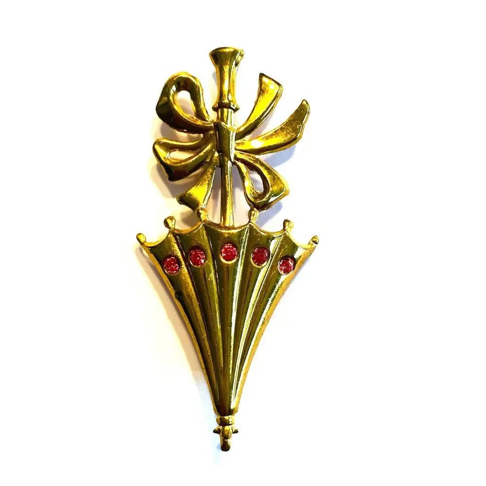 Vintage Mid Century Brooch Charming Dimensional Gold Umbrella & Pink Rhinestones